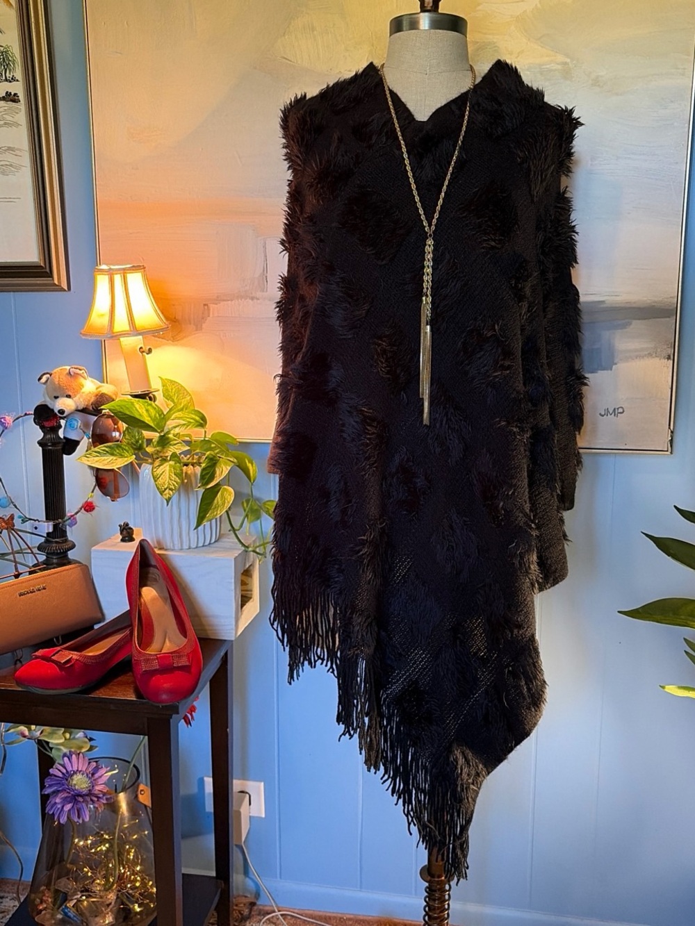 Coco + Carmen Black Faux-Fur Fringe Cape